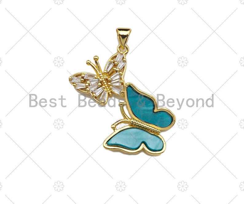 Sku#LK183 Double Bufferfly Charm CZ Micro Pave Butterfly with MOP Butterfly PendantsCharm Colorful Butterfly Pendant 25x32mm