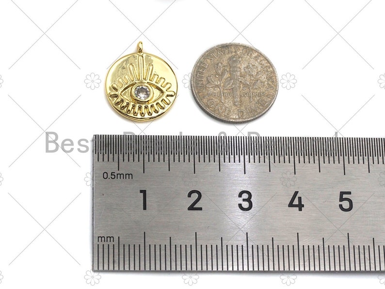 Clear CZ Micro Pave Evil Eye on Disc PendantCharm Lucky Eye Cubic Zirconia Pendant Real Gold Plated Charm Pendant,15x18mm,Sku#L304