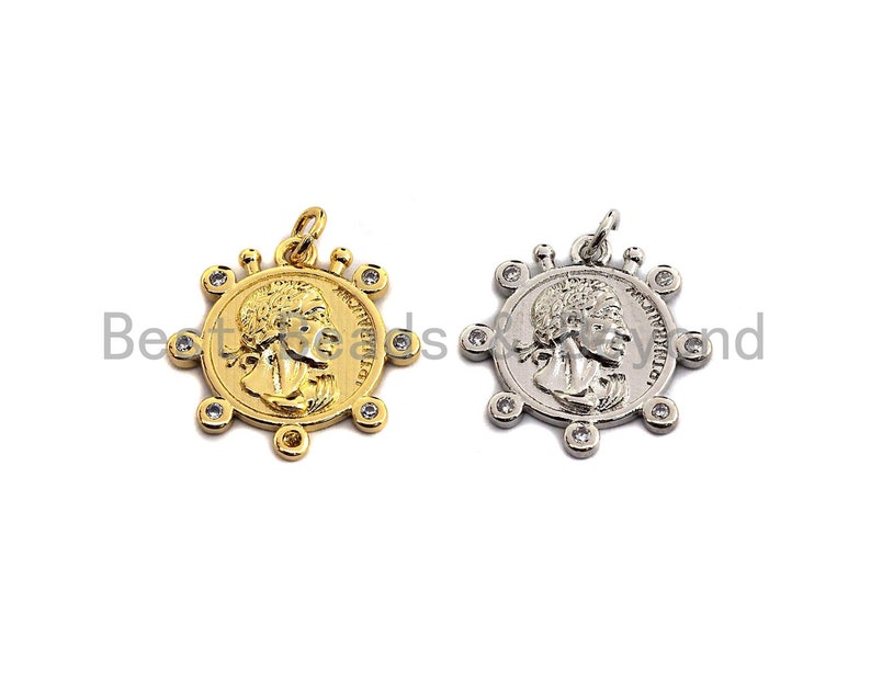 Medallion Coin PendantCharm 20x20mm,Sku#Z449 Medallion Cubic Zirconia Pendant SilverGold Tone
