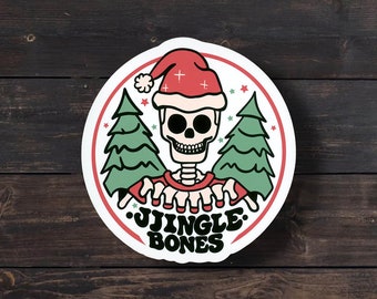 Jingle Bones, Cute Christmas Skeleton Sticker, Dead Inside Sticker, Funny Retro Christmas Sticker, Laptop, Water Bottle Sticker