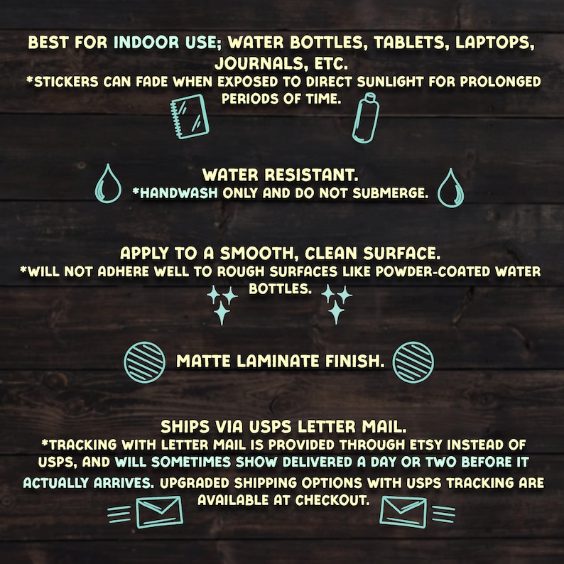 May include: A teal-colored informational graphic on a dark wood background. Text includes "Best for indoor use", "Water resistant", and "Matte laminate finish". The graphic also mentions applying to a smooth surface and shipping via USPS letter mail.