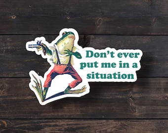 May include: A die-cut sticker featuring a green frog wearing a white shirt and red pants with black suspenders, holding a small pistol. The text "Don't ever put me in a situation" is printed in dark green letters to the right of the frog illustration.