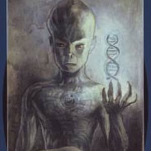 May include: A gray, humanoid figure with glowing red eyes holds a glowing orb with a DNA helix inside. The figure is surrounded by four symbols: fire, a broken heart, a pile of rocks, and a swirling vortex.