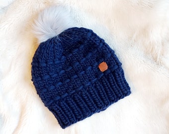 Cappello in lana merino lavorato a mano, berretto da donna, cappello da sci, cappello invernale, berretto lanoso, cappello fatto a mano, berretto grosso, berretto in lana navy, cappello di lana da donna