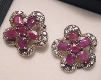 Sterling Silver Ruby and Diamanta Flower Earrings