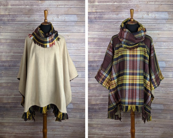 Gray Plaid Fleece Fringed Poncho With Cowl Neck