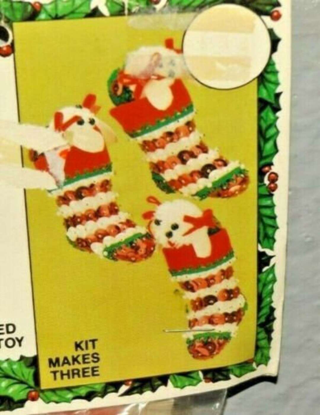 Vintage Holiday CHRISTMAS STOCKING w White PUPPY Peeking Out Christmas