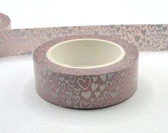 Pink and Silver Foil Hearts Washi Tape, Silver Hearts Washi Tape, Masking Tape, Planner Tape, Journal Tape, Craft Tape, Decorative Tape