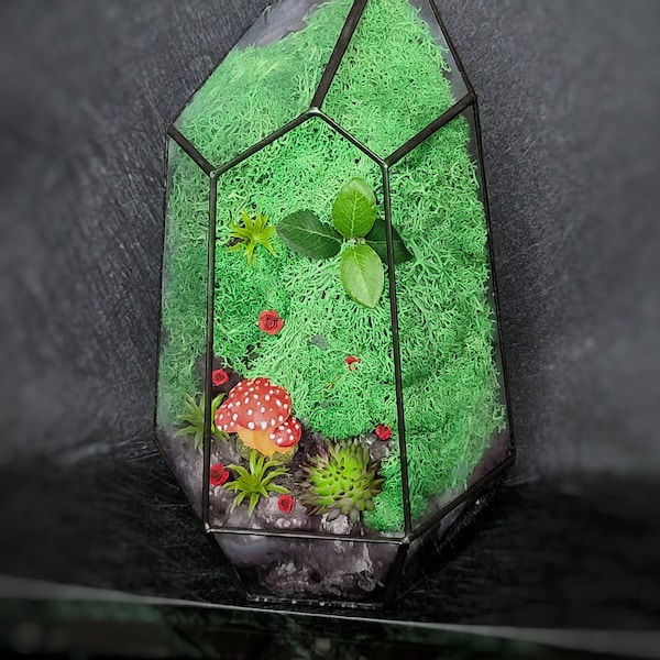 Planted Glass Terrarium planted decorated with roses and mooshrooms artificial plants and real preserved moss, One of a kind