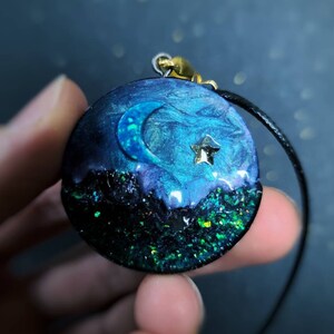 Opal moon Resin Pendant necklace Handmade Jewelry, gift for mom, her, women, Anniversary, birthday, Resin art, Galaxy Star Jewelry