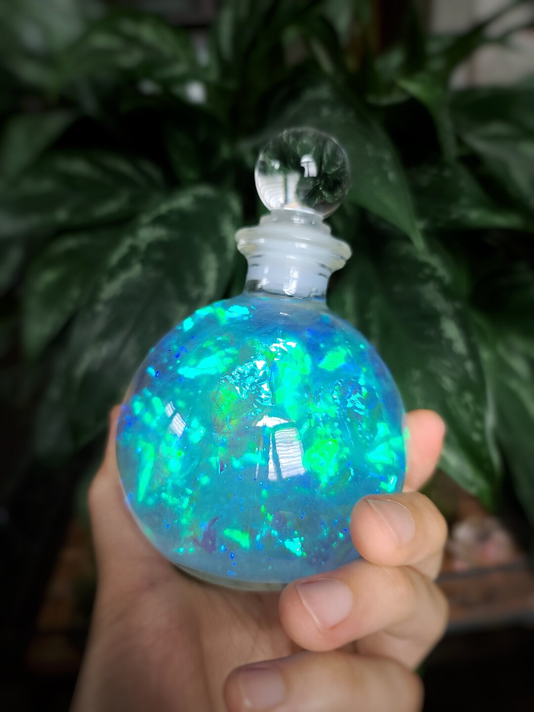 Northern Lights, Potion Bottle Glass Decor, Prop, Glass Art, Paper Weight, Cool Opal Like Effect