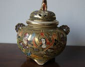 Antique Japanese Earthenware Satsuma Incense Burner Censer Hand painted