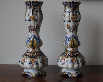 Pair Antique Rouen Vases Hand-Painted