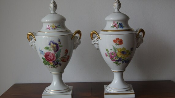 Pair Porcelaine German Vases With Lids Amphora Shape Handwork Etsy