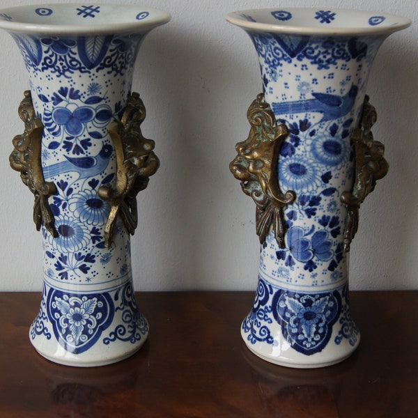 Pair Antique 1900 Delft Vases Blue White Porcelain Hand painted Bronze Lions Delft decoration