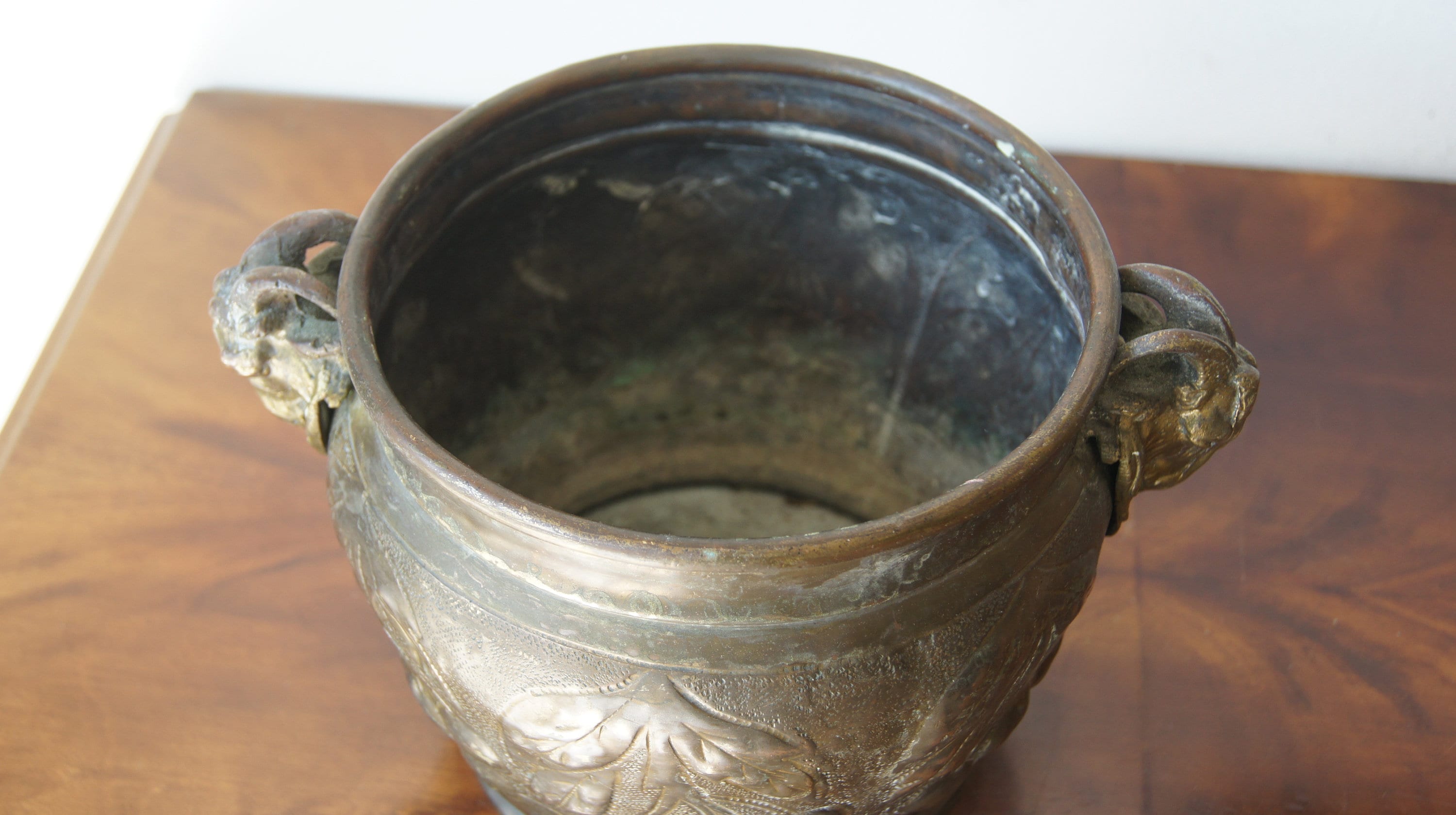 Antique Brass Embossed Planter With Head Handles Etsy