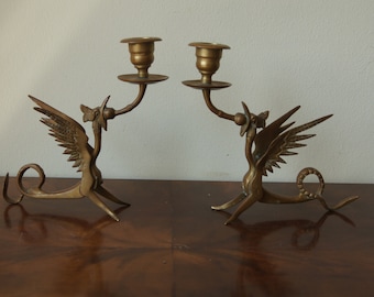 Antique Vintage Pair Solid Brass Griffin Dragon Candle Holders Antique brass dragon candlesticks