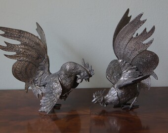 Antique Pair Silver plated Roosters Cocks Fighting Cocks