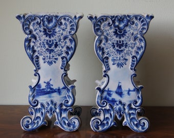 Pair Antique 1800's hand painted Delft Vases Blue White Pottery Marked