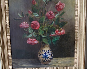 Antique 1889 oil painting Still life flowers in delft vase Signed