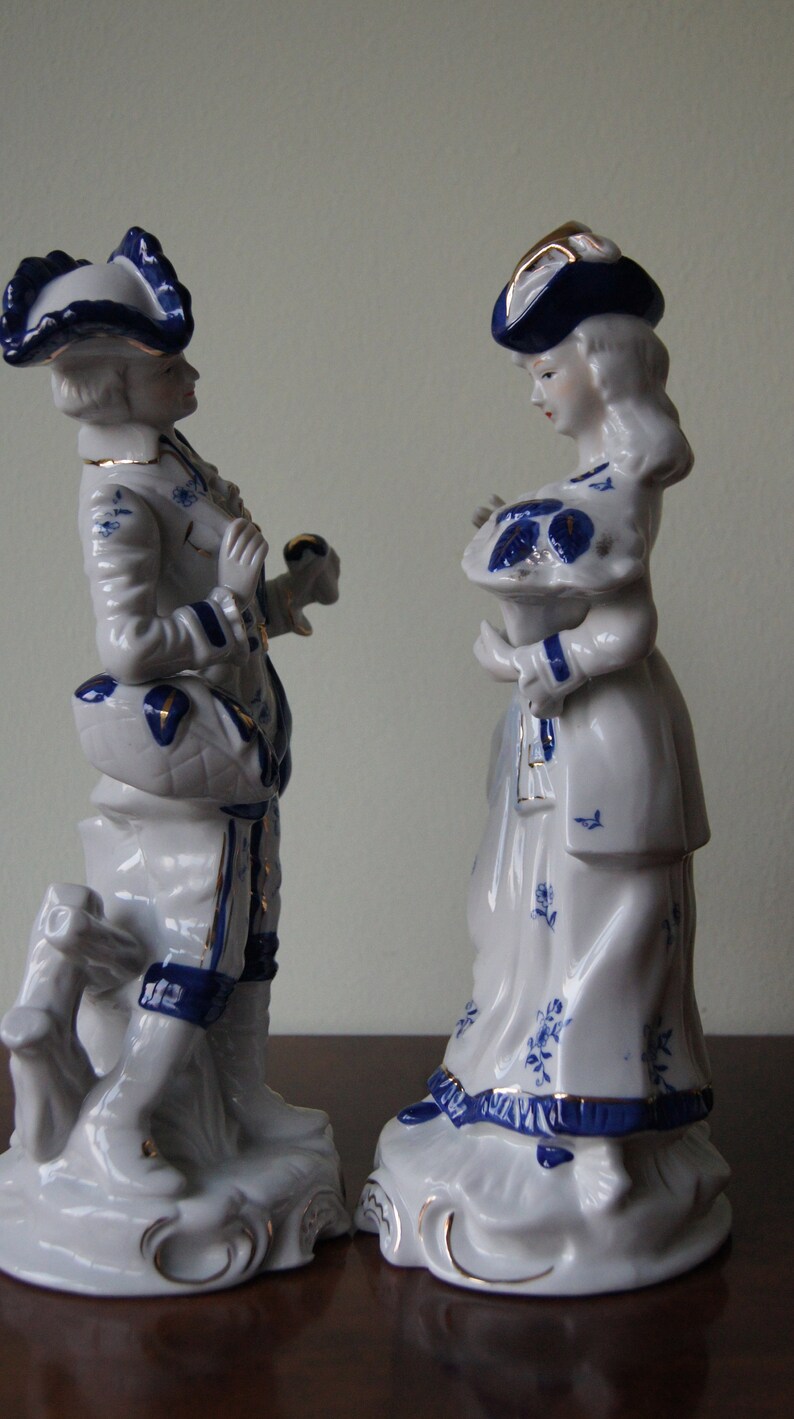 Pair Blue White Porcelain Figurines Lady and Gentleman Etsy