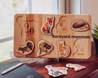 Woodland animals toys - Backyard mammals puzzle - wooden puzzle - animal tracks - forest animals puzzle - montessori - christmas gift