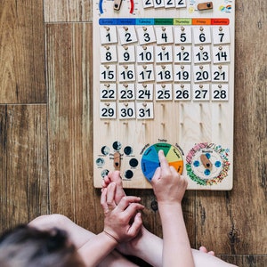 Expanded Wooden perpetual calendar with seasons, moon phases, months, days and weather image 4