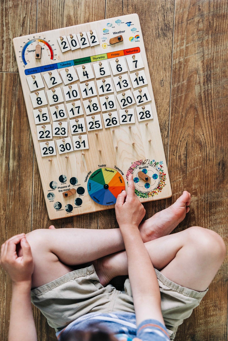 Expanded Wooden perpetual calendar with seasons, moon phases, months, days and weather image 3