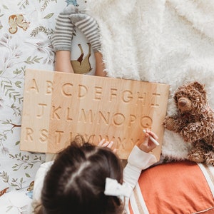 Alphabet tracing board with guided arrows, Regular print font, all natural wood, educational toys