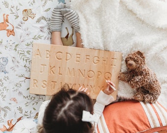 Alphabet tracing board with guided arrows, Regular print font, all natural wood, educational toys