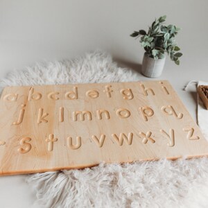 Alphabet tracing board with guided arrows, Regular print font, all natural wood, educational toys image 3
