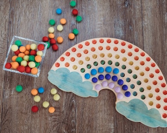 Color sorting toy - rainbow color matching game -  rainbow counting board - wooden rainbow - sorting tray - Montessori classroom