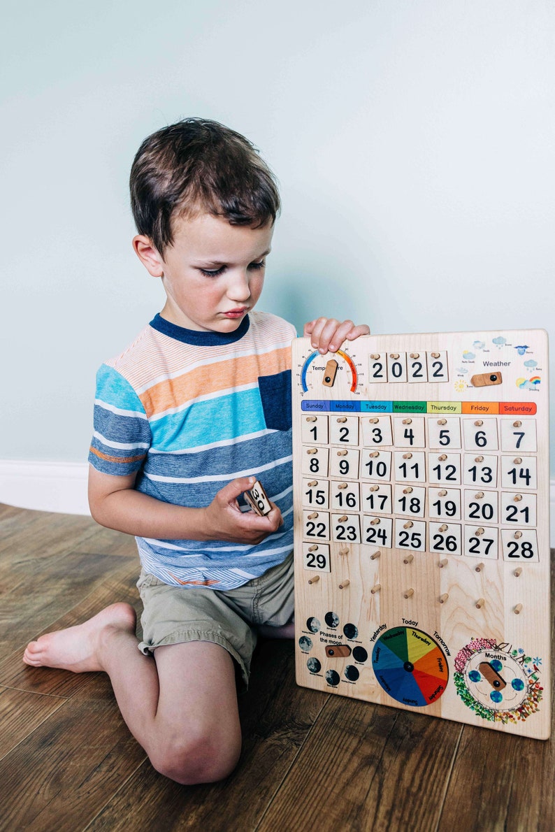 Expanded Wooden perpetual calendar with seasons, moon phases, months, days and weather image 5