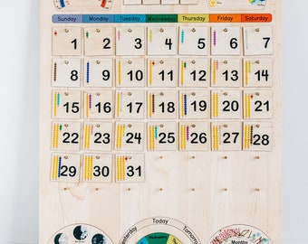 Classroom & School size Wooden perpetual calendar with seasons, moon phases, months, days and weather