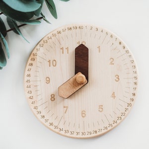 Wooden toy clock with minute and hour in different shades for easy learning