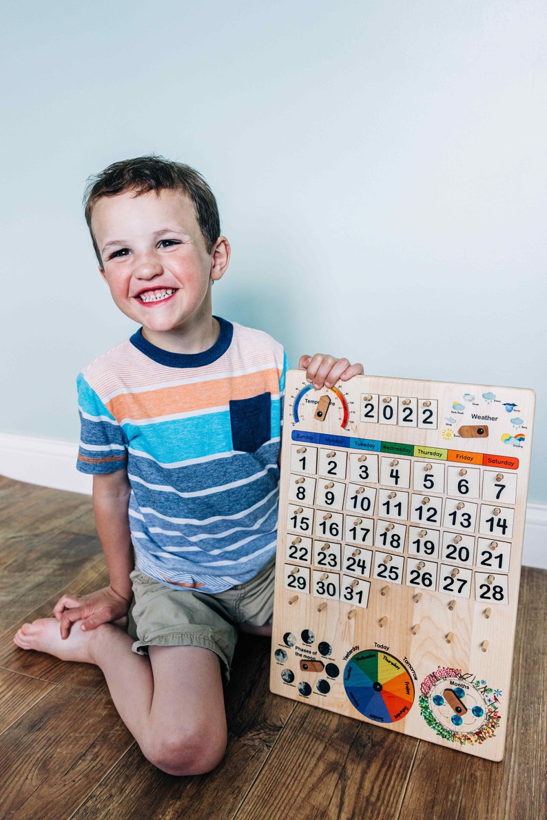 Expanded Wooden perpetual calendar with seasons, moon phases, months, days and weather image 2
