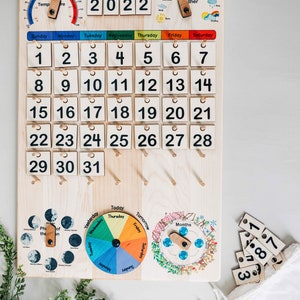 Expanded Wooden perpetual calendar with seasons, moon phases, months, days and weather image 1