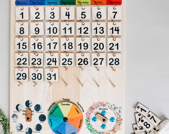 Expanded Wooden perpetual calendar with seasons, moon phases, months, days and weather