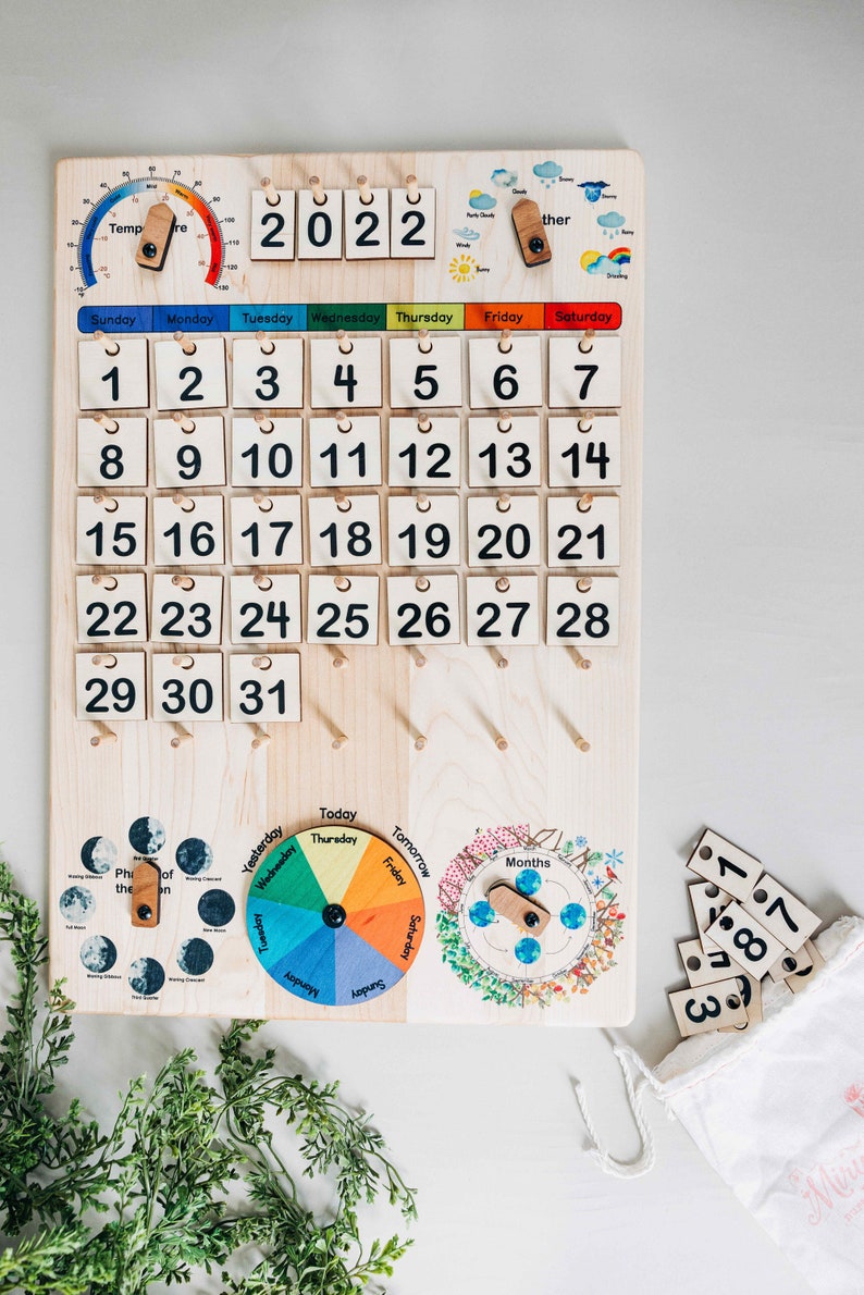 Expanded Wooden perpetual calendar with seasons, moon phases, months, days and weather image 1