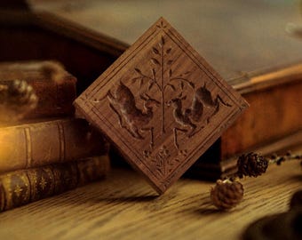 Hand Carved Walnut Cookie Mold - Kissing Fawns Springerle Design