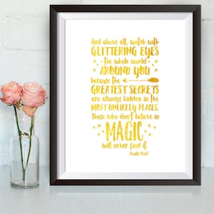 Download instantâneo, E acima de tudo, assista com olhos brilhantes, citação, Roald Quote, 8x10, estrelas, efeito folha de ouro, acredite na magia