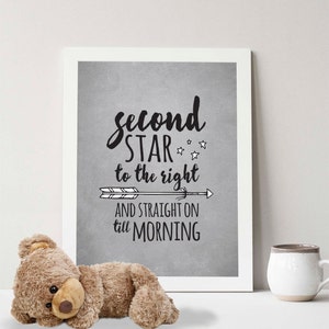 Op de afbeelding: Een zwart-witte print met de tekst "second star to the right and straight on till morning" met een kleine pijl die naar rechts wijst. De print is ingelijst in een wit frame en ligt op een wit oppervlak met een bruine teddybeer op de voorgrond.