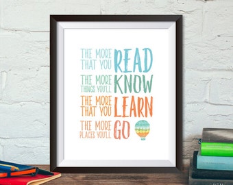 Instant Download, The More You Read, The More You Will Know, 8x10 Printable, Nursery art, Nursery Decor, Quote, Wall art, Nursery