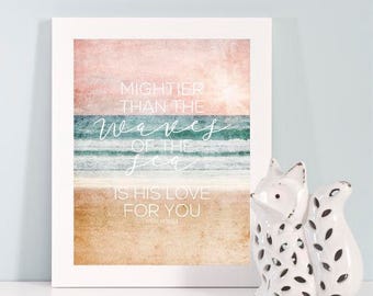Koop één krijg één, machtiger dan de golven van de zee, Psalm 93:4, Bijbelvers, Schriftafdruk, Christelijk, Home Decor, Wanddecoratie
