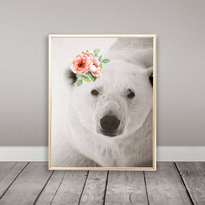 Buy One Get One, Nursery Wall Art, Polar Bear Print, Watercolor Flower, Watercolor Flower Print, Nursery Decor, Arctic Print, Animals, Bear