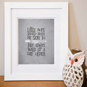 Buy One Get One, Little Boys Should Never Be Sent To Bed, 8x10 or 11x14, grey grunge, black & white, arrow,  peter pan, nursery decor