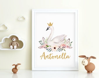 NOVA Impressão com Glitter Real Nome Personalizado Cisne ou Unicórnio Princesa Impressão Sinal de Berçário Arte Floral de Parede Novo Anúncio de Presente de Bebê Quarto de Bebê