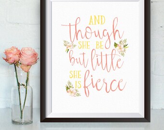 Buy One Get One, and though she be but little she is fierce, 8x10 or 11x14, pink, faux gold glitter, nursery art, wall decor. watercolor