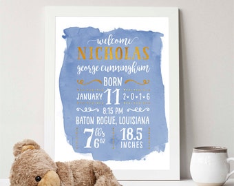Personalized PRINTABLE nursery, Birth announcement wall art, watercolor birth announcement, nursery decor, new baby gift, baby keepsake
