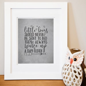 Instant Download, Little Boys Should Never Be Sent To Bed, 8x10, grey grunge, stars, arrows, nursery, nursery decor, Peter Pan quote